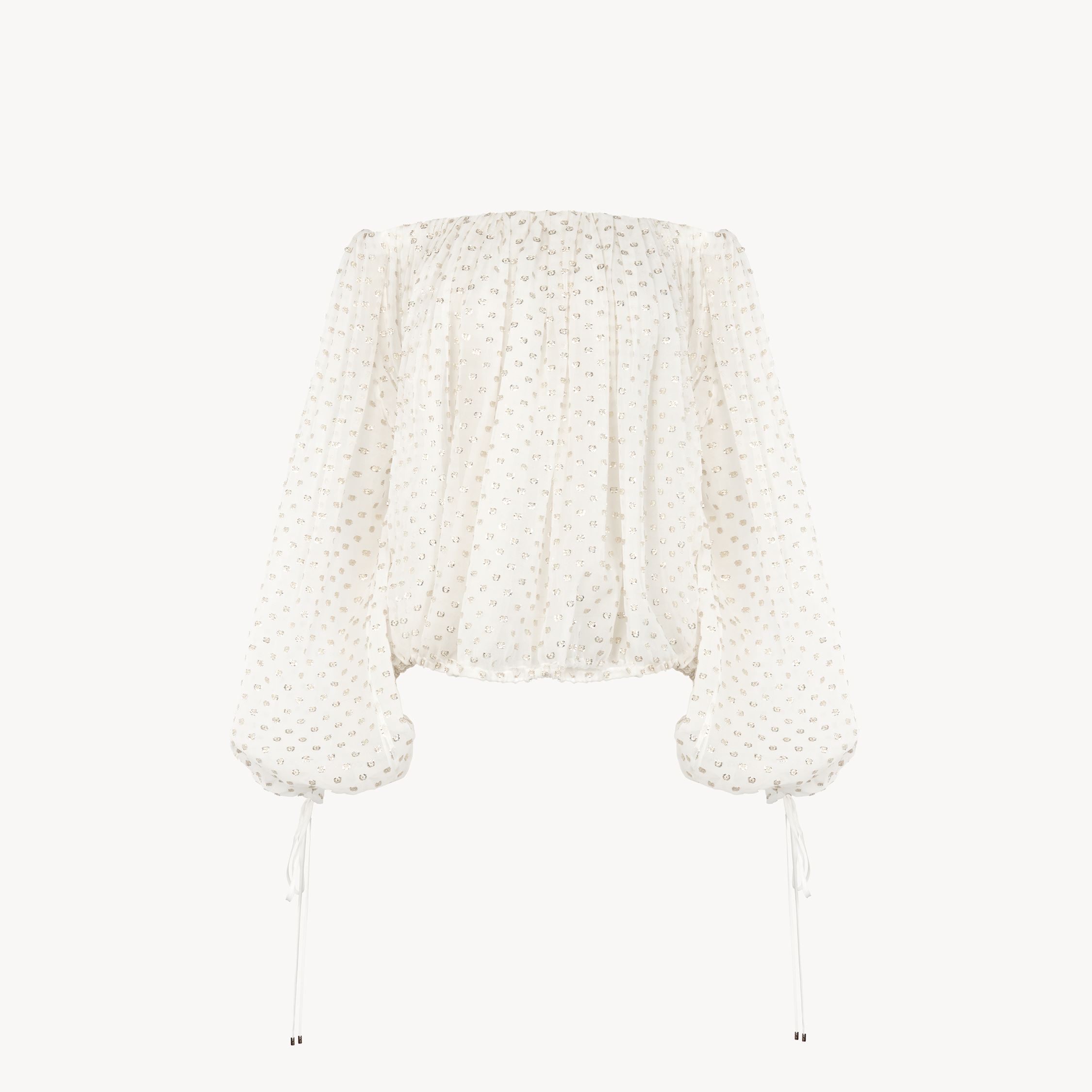 CHLOÉ TOP FRONCÉ À ÉPAULES DÉNUDÉES EN JACQUARD DE SOIE ET LUREX FEMME BLANC TAILLE 34 56% SOIE, 44% POLYE 