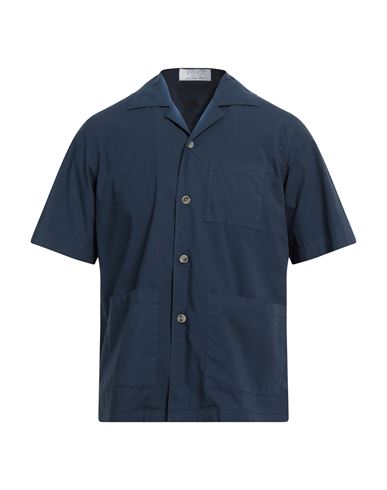 Santaniello Man Shirt Navy Size 44 Cotton, Elastane In Navy Blue