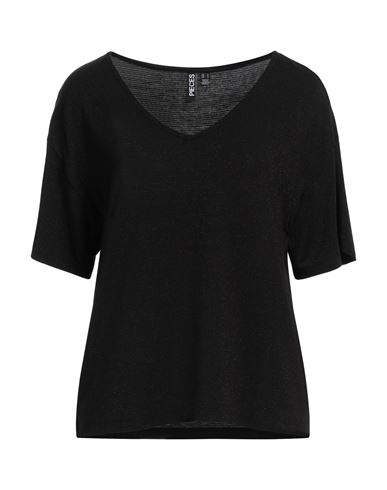 Pieces Woman T-shirt Black Size M Ecovero Viscose, Metallic Fiber, Elastane In Black