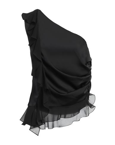 Pinko Fotoione Satin Ruffled One Shoulder Top In Black