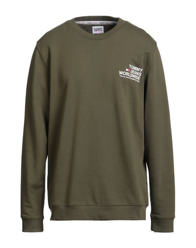 Tommy Jeans Man Sweatshirt Military Green Size Xxs Cotton, Elastane In Green
