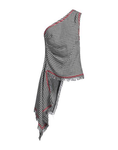 Msgm Fringed Hem Gingham One-shoulder Top In Black