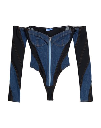 Mugler Woman Bodysuit Blue Size 12 Cotton, Elastomultiester, Rubber, Polyamide, Elastane In Blue