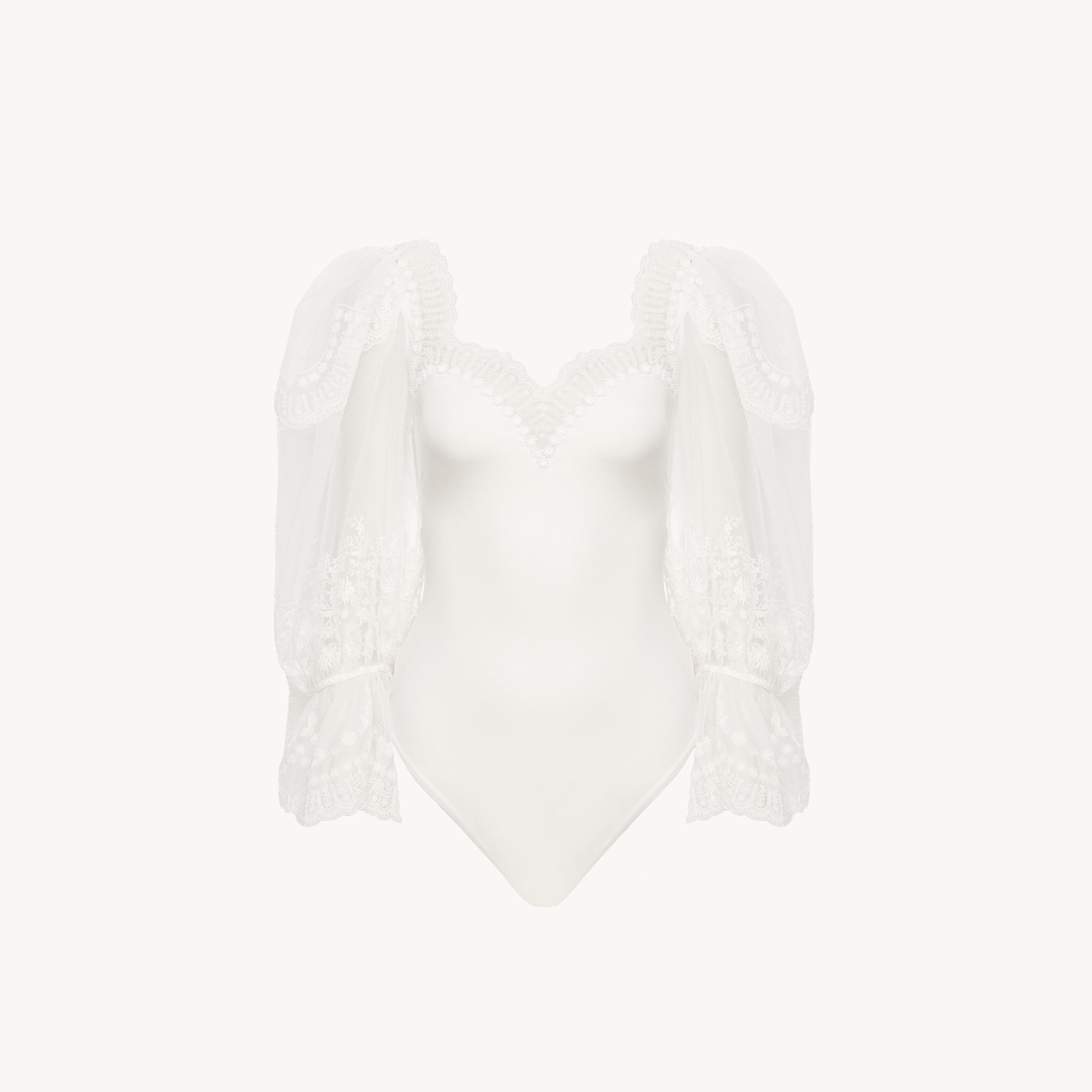 Chloé Puff-sleeve Bodysuit In Shiny Stretch Jersey & Lace White Size 4 100% Polyester, Viscose, Polyamide, In White
