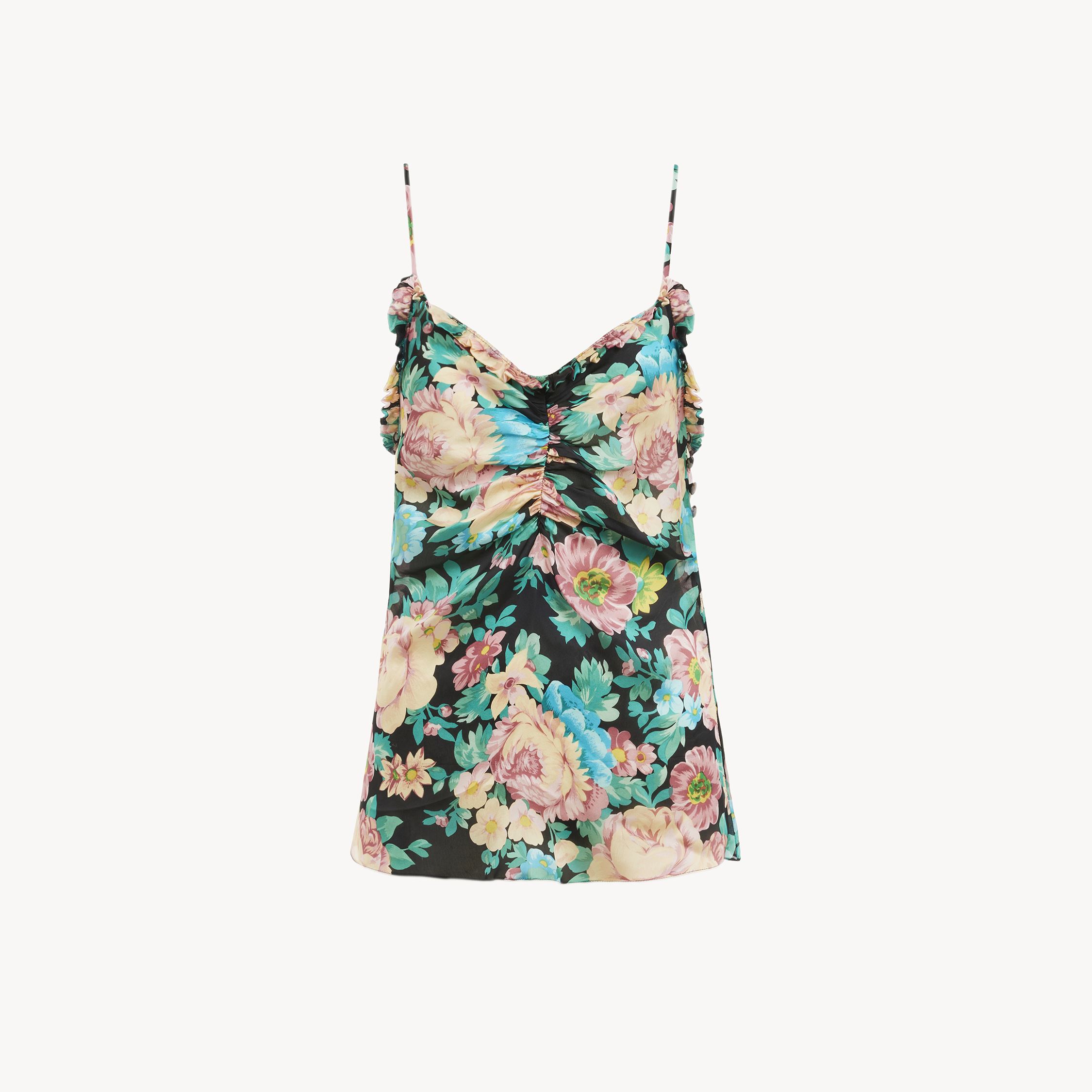 Chloé Floral Ruched Ruffle-trim Silk Tank Top In Black