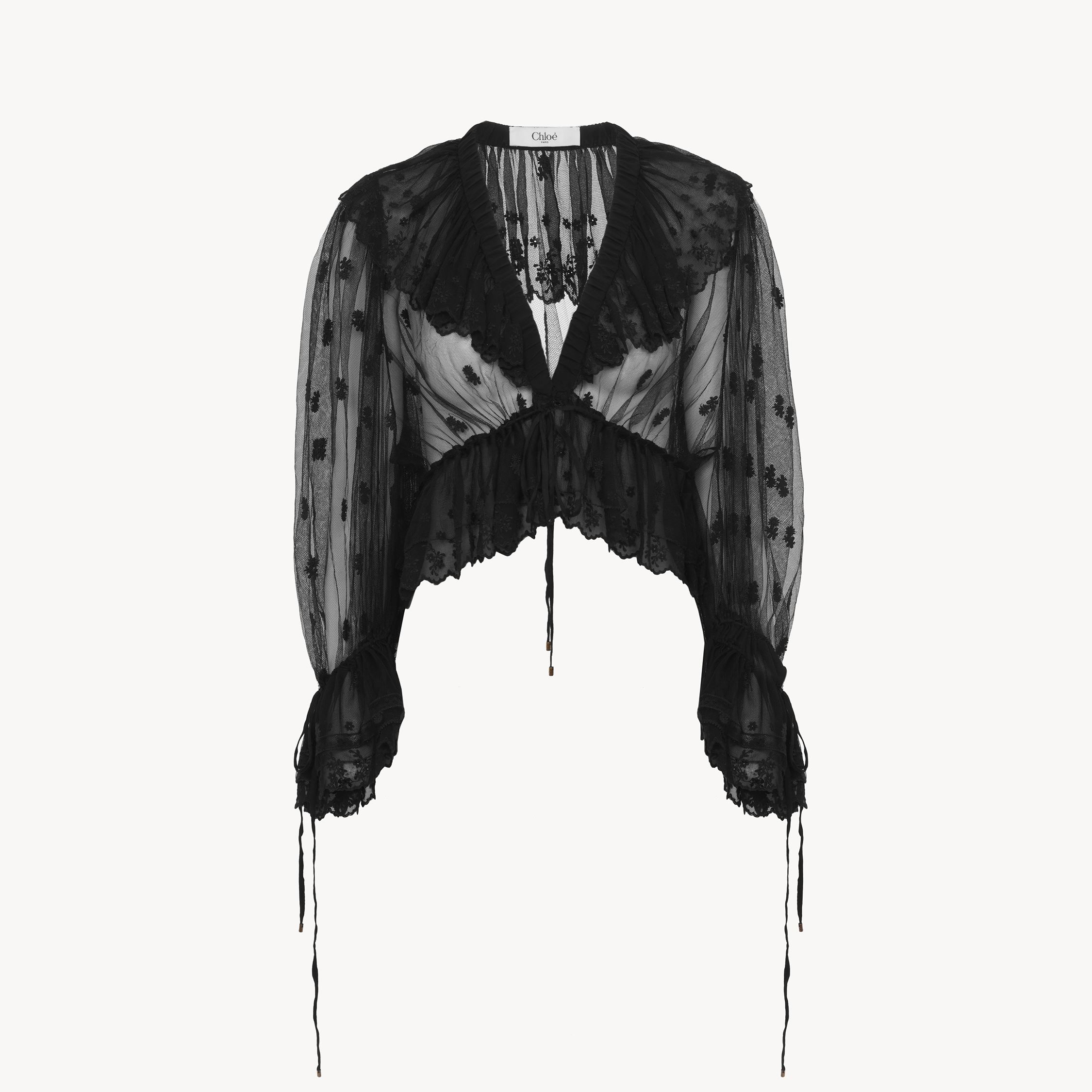 CHLOÉ V-NECK RUFFLE TOP IN EMBROIDERED LACE BLACK SIZE 6 100% POLYESTER, SILK, PINCTADA MAXIMA, FARMED, CO 