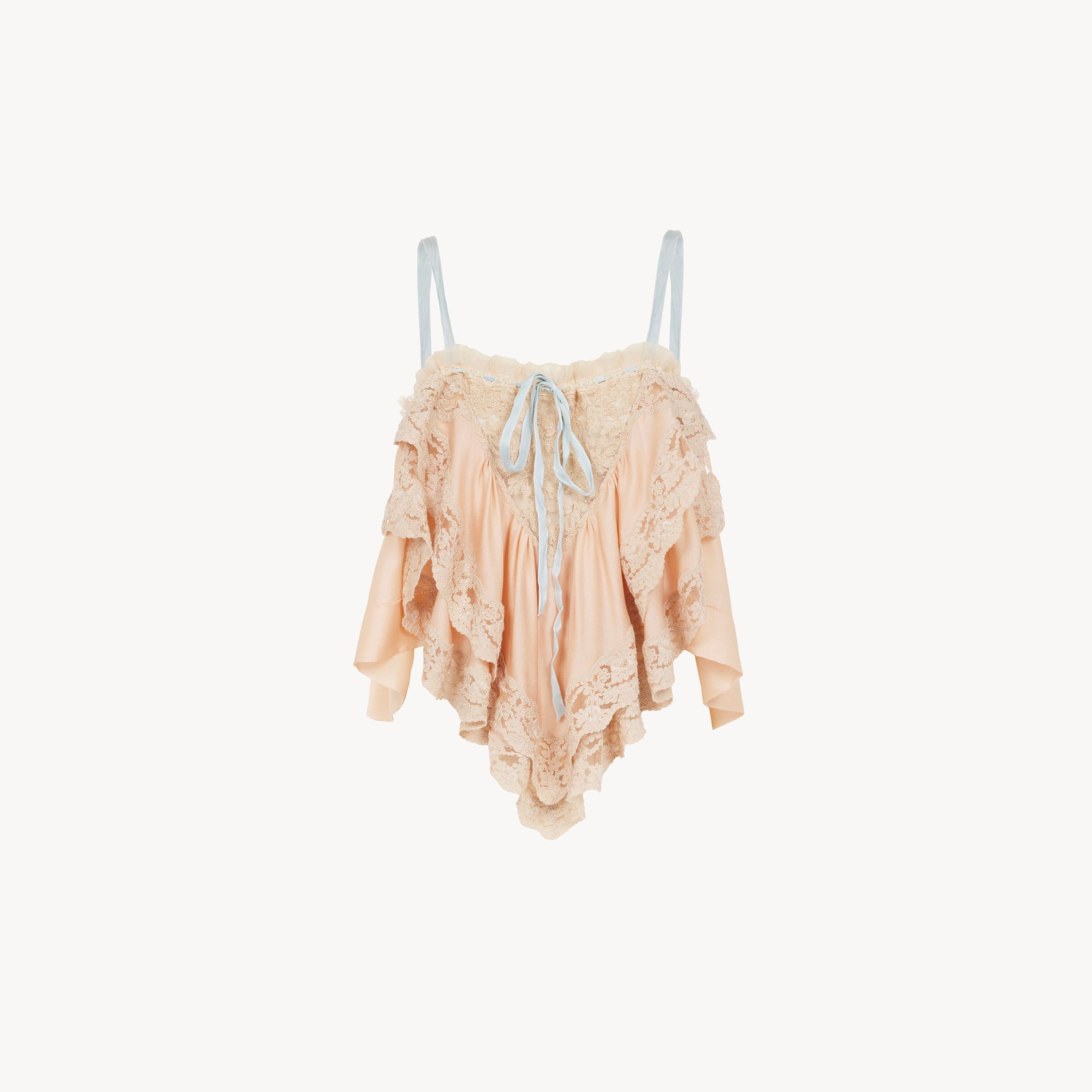 Chloé Ruffled Camisole Top In Silk Charmeuse & Lace Pink Size 4 100% Silk