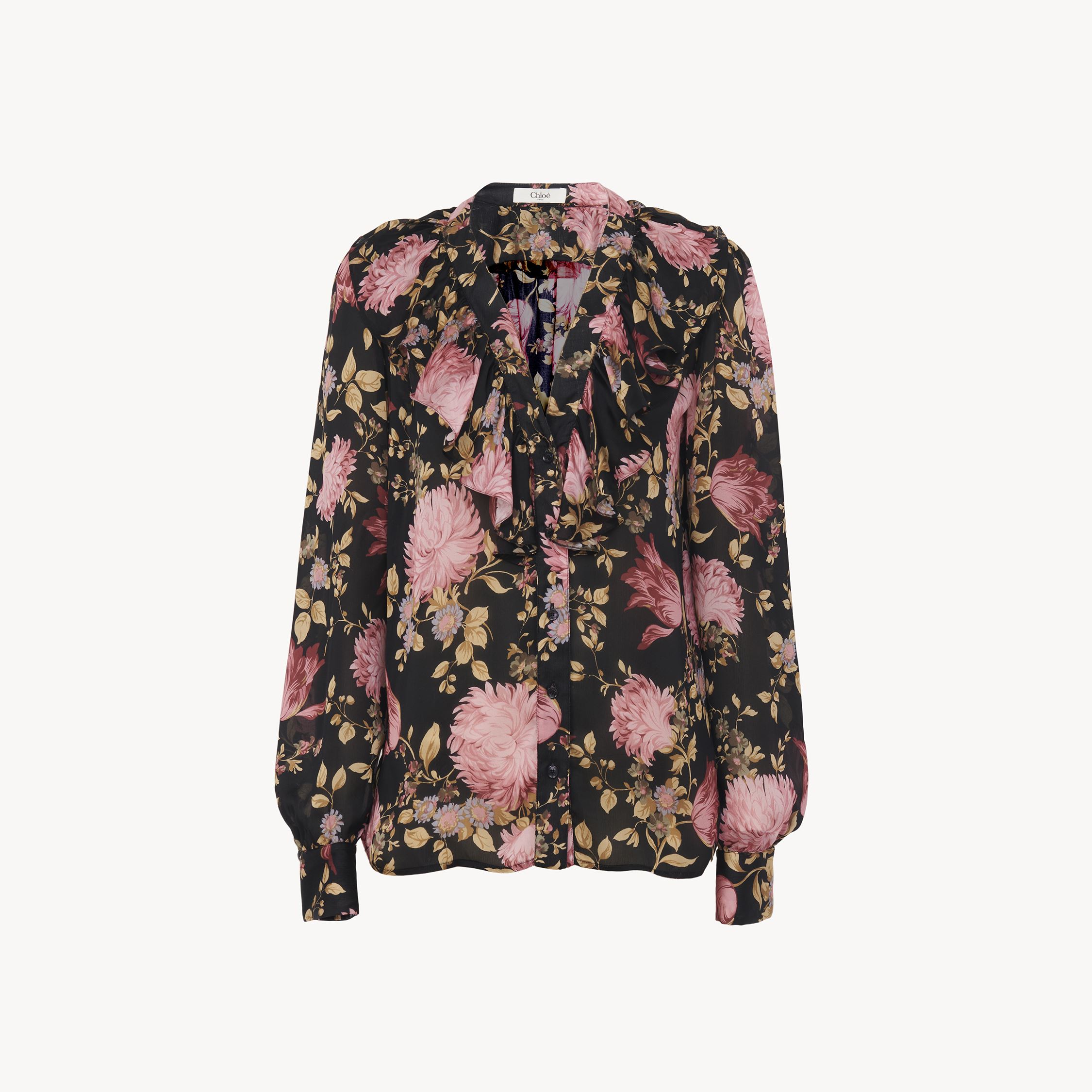 CHLOÉ BLOUSE COL V À VOLANTS EN CHARMEUSE DE SOIE FEMME NOIR TAILLE 36 100% SOIE, PINCTADA MAXIMA, FARMED, 