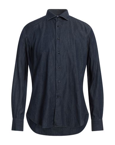 920 Italian Style Man Denim Shirt Blue Size 17 Cotton In Blue
