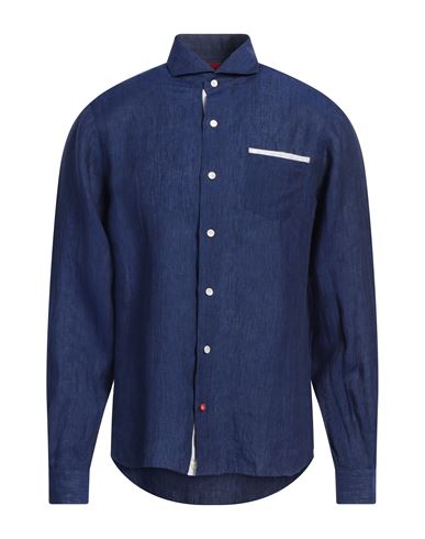 Isaia Man Shirt Blue Size 17 Linen In Blue