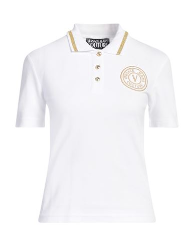 VERSACE JEANS COUTURE VERSACE JEANS COUTURE WOMAN POLO SHIRT WHITE SIZE S COTTON, POLYESTER, ELASTANE, METALLIC FIBER