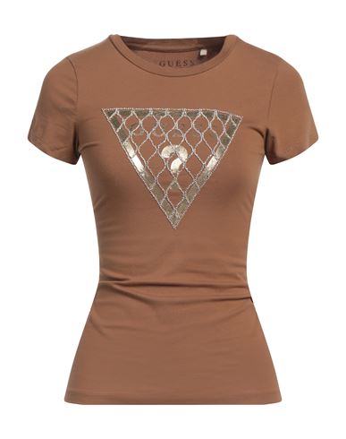GUESS GUESS WOMAN T-SHIRT CAMEL SIZE L COTTON, ELASTANE 