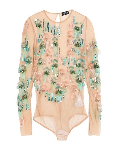 Elisabetta Franchi Woman Bodysuit Beige Size 8 Polyamide, Elastane, Silk, Plastic, Synthetic Stone