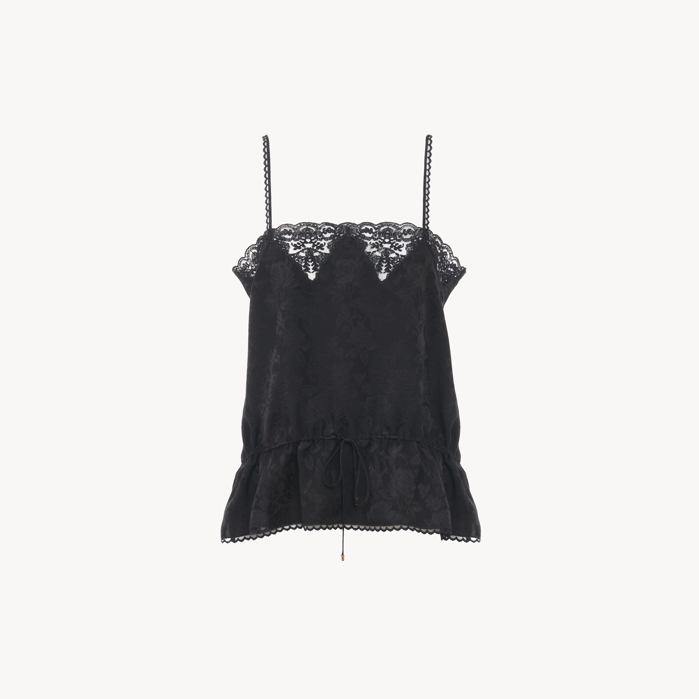 Chloé Drawstring Camisole Top In Silk Jacquard & Lace Black Size 4 100% Silk In Black