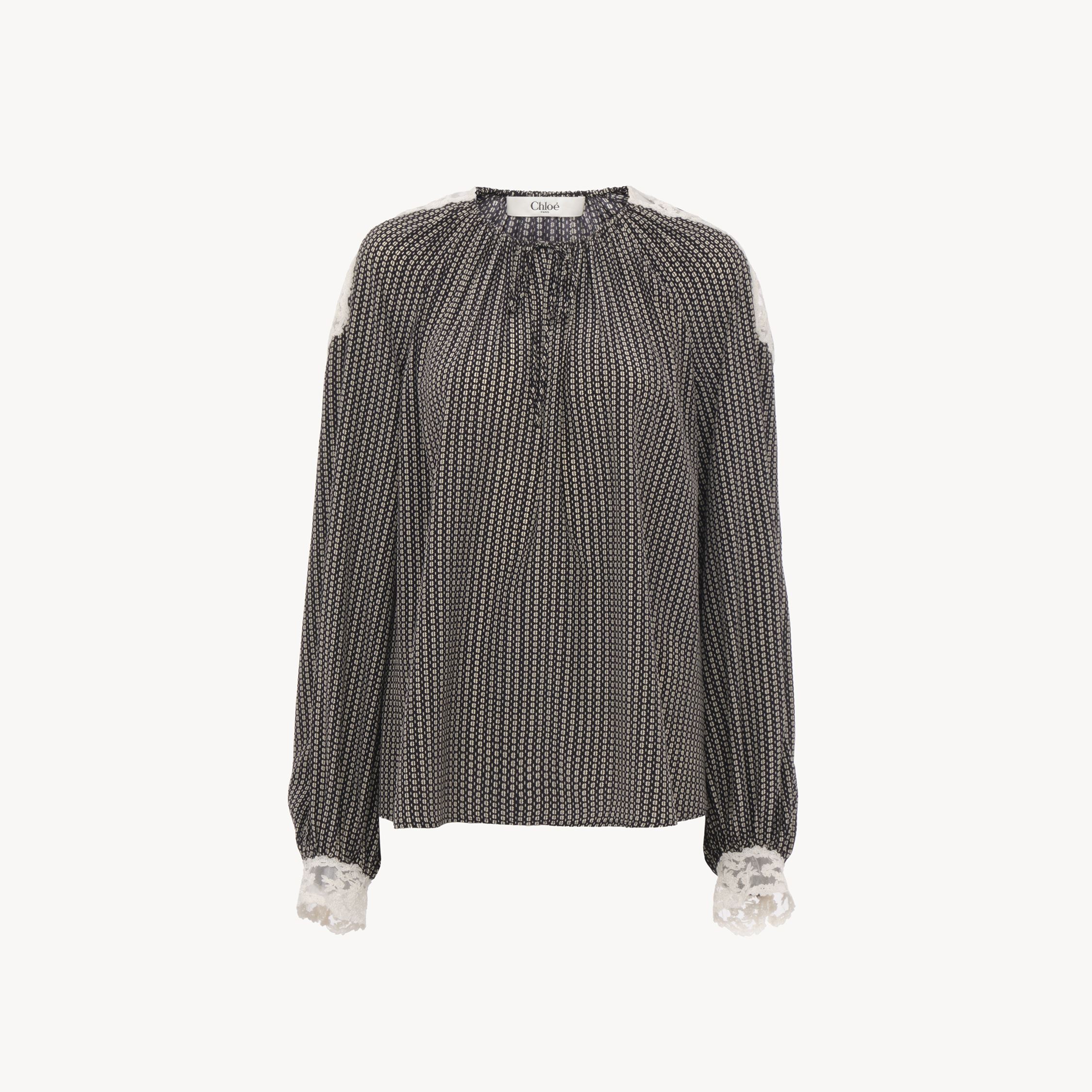 Chloé Open-neck Top In Crêpe De Chine & Lace Black Size 6 100% Silk, Pinctada Maxima, Farmed, Coo Australi