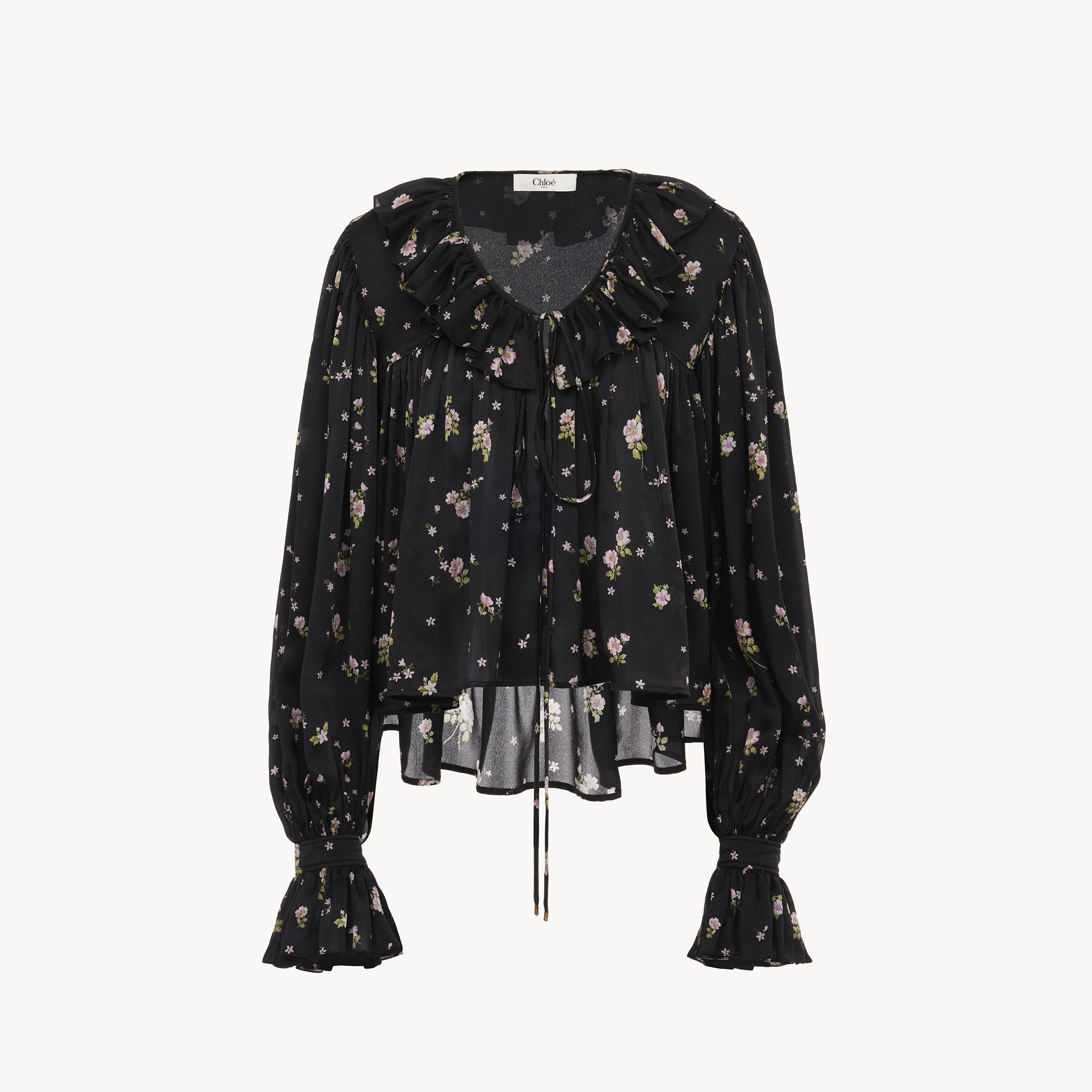 Chloé Maxi Gathered Ruffle Top In Silk Charmeuse Black Size 10 100% Silk, Pinctada Maxima, Farmed, Coo Aus
