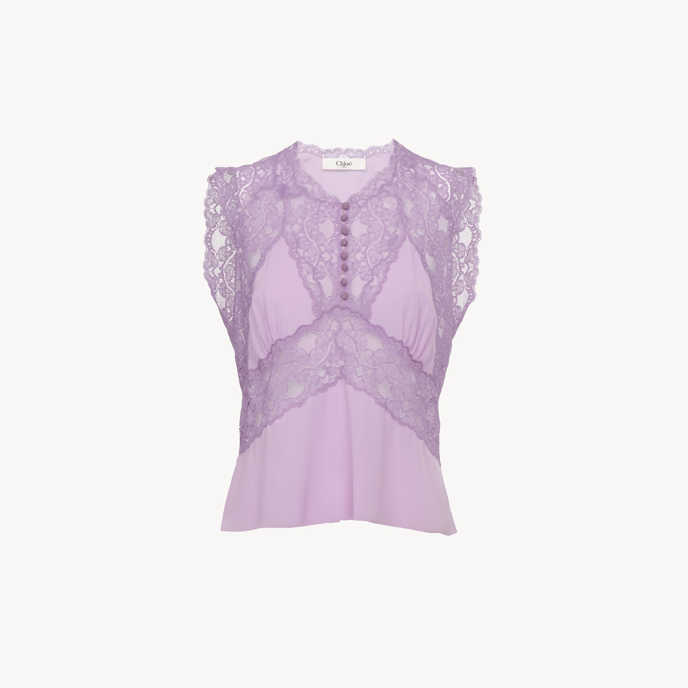 Chloé V-neck Top In Crêpe De Chine & Lace Purple Size 2 100% Silk In Purple