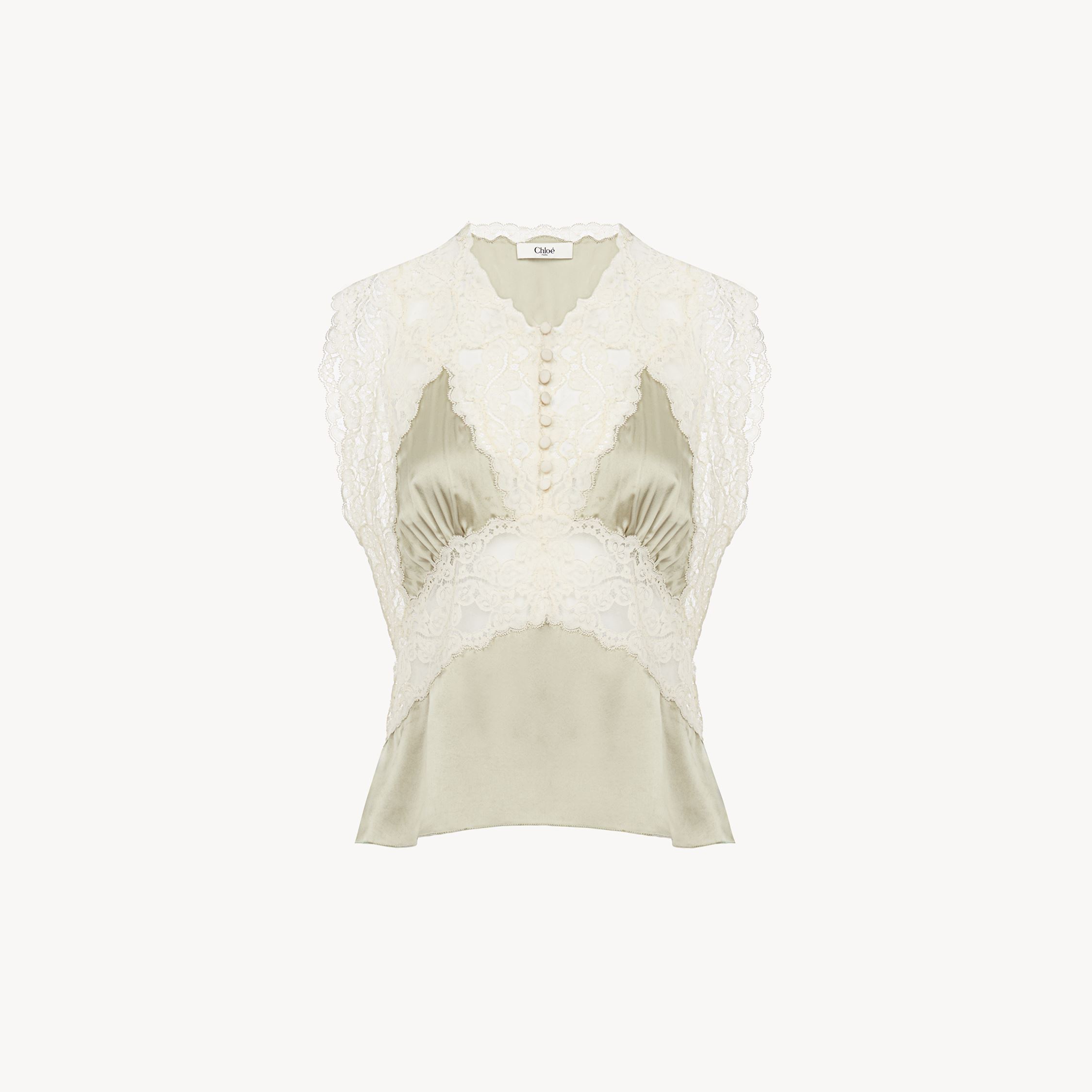 Chloé V-neck Top In Silk Satin & Lace Green Size 4 100% Silk, Polyamide In Green