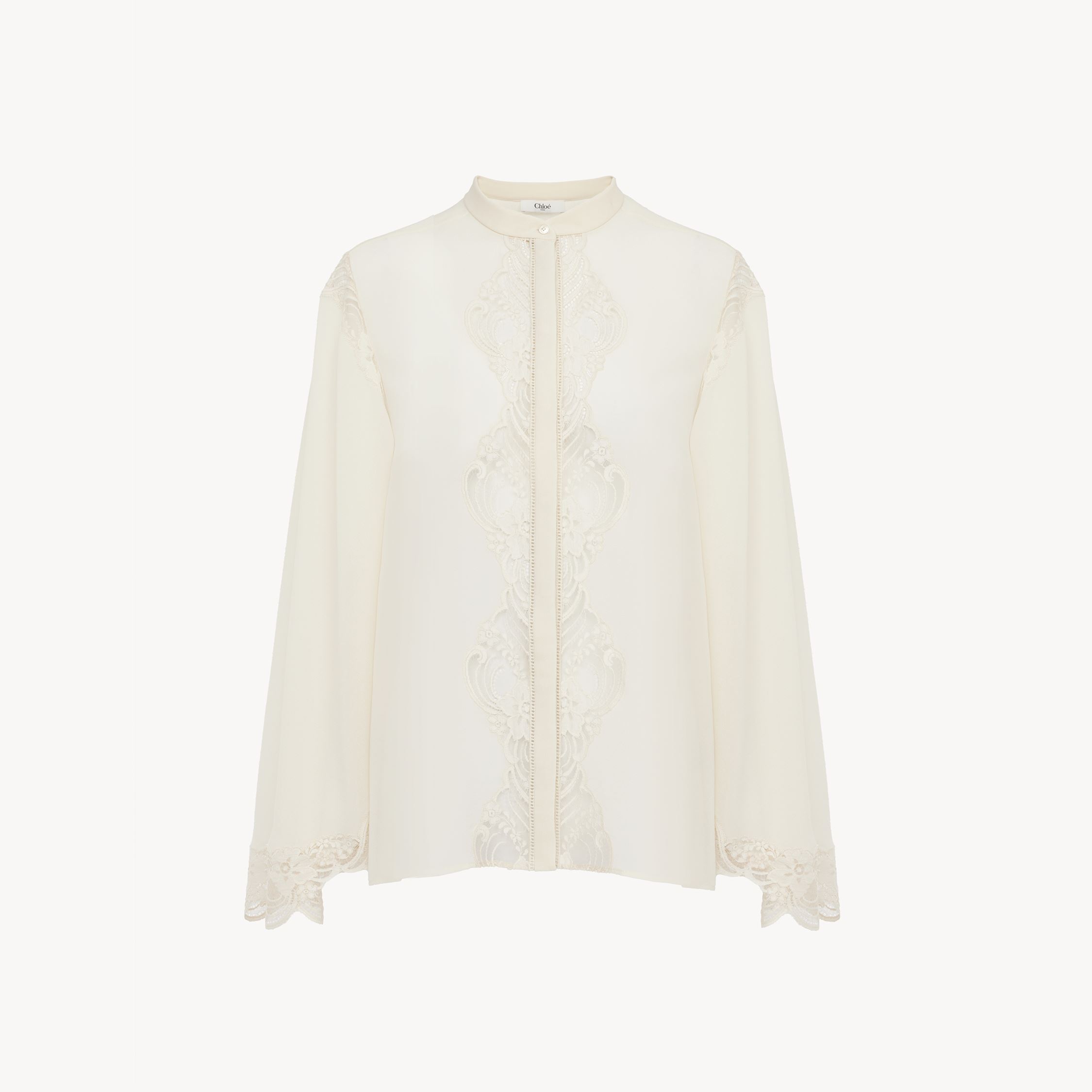 Chloé Fluid Blouse In Silk Georgette & Lace White Size 6 100% Silk, Pinctada Maxima, Farmed, Coo Australia