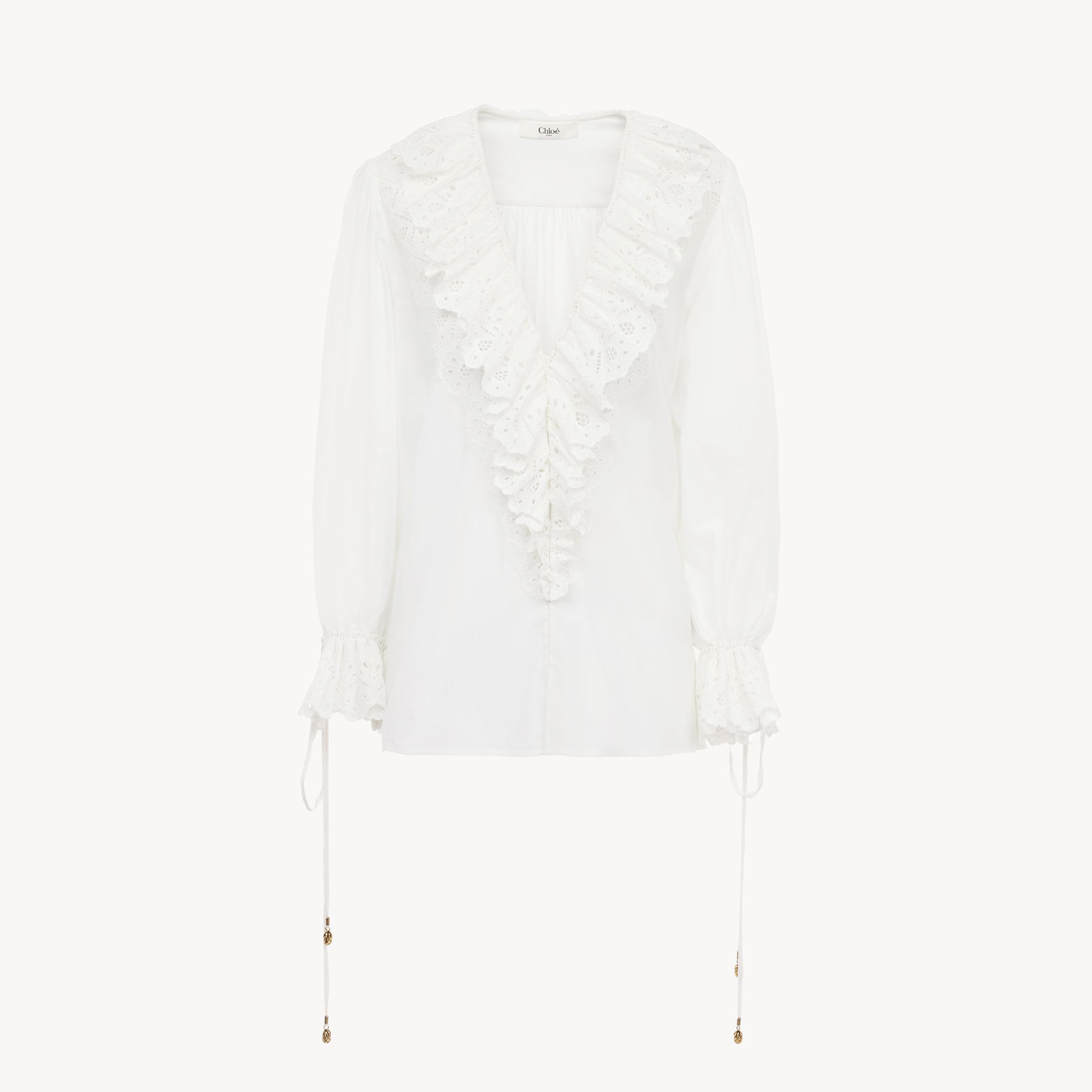 Shop Chloé Puff-sleeve V-neck Top In Cotton Voile White Size 12 100% Cotton, Pinctada Maxima, Farmed, Coo Austr