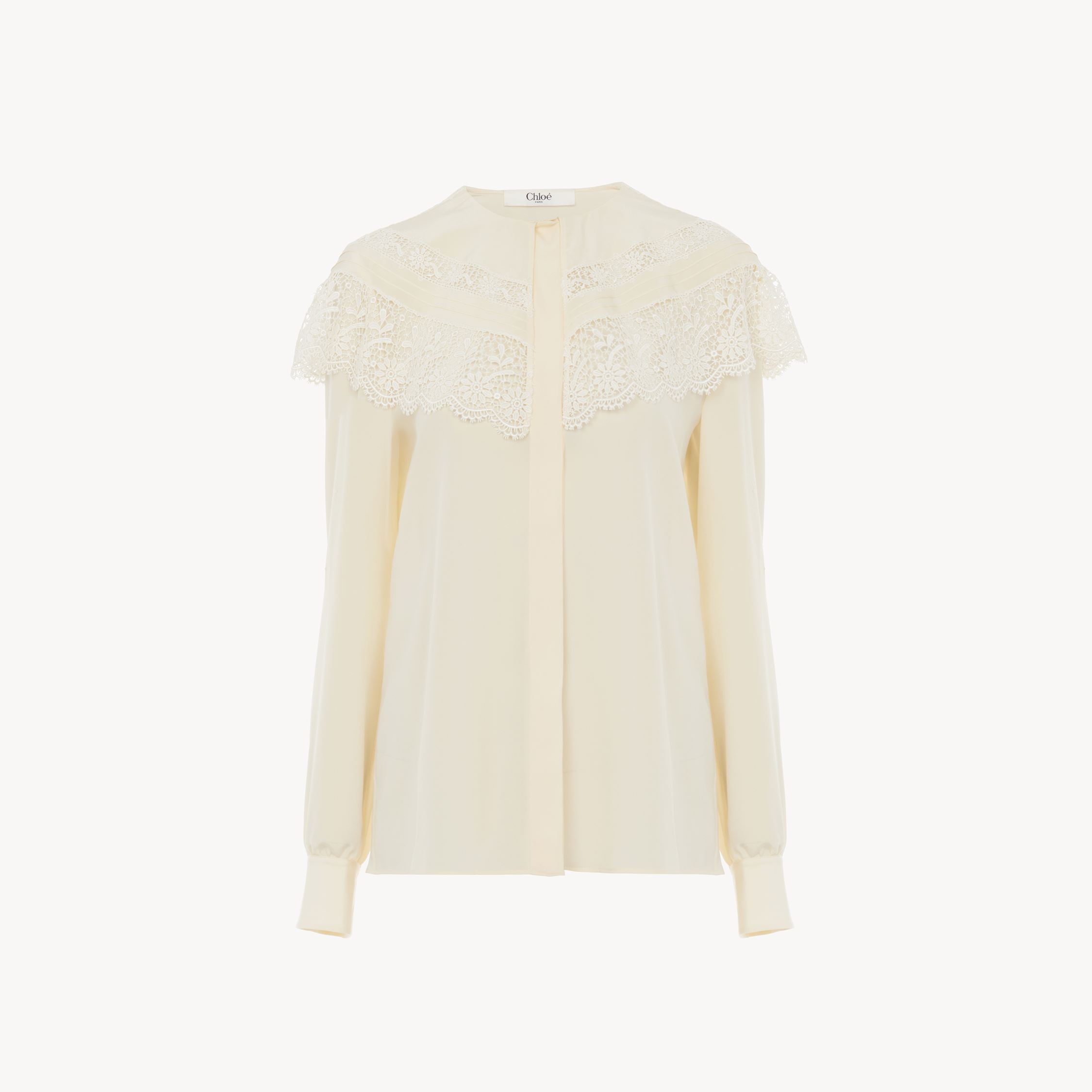 Chloé Blouse Froncée En Crêpe De Chine Et Dentelle Femme Blanc Taille 38 100% Soie, Pinctada Maxima, Farme