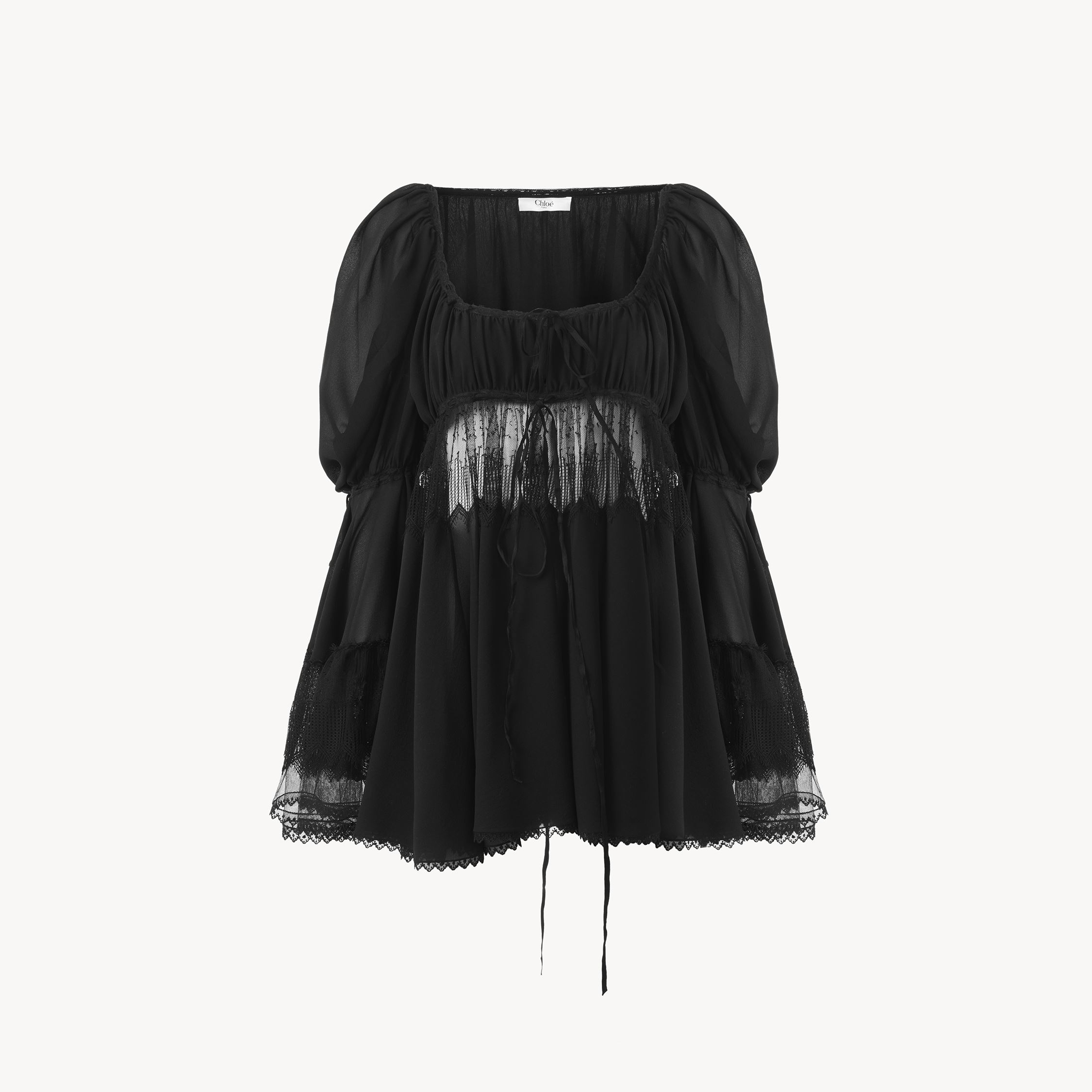 Chloé Top Manches Bouffantes À Encolure Carrée En Georgette De Soie Et Dentelle Femme Noir Taille 42 100% 