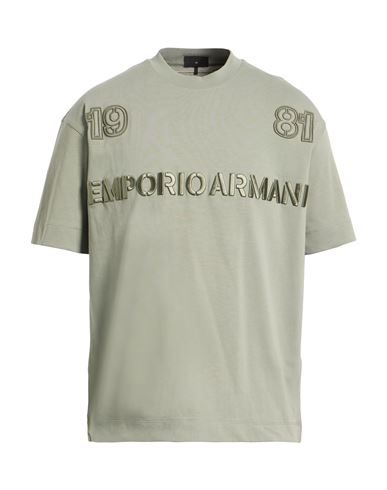 Emporio Armani Man T-shirt Sage Green Size L Cotton, Polyester In Green
