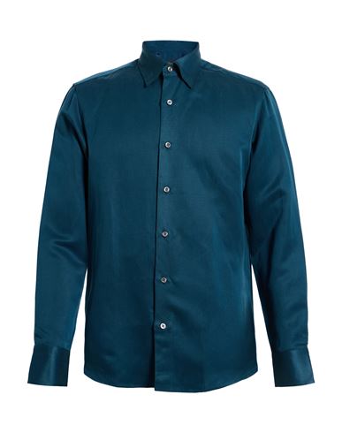 Brioni Man Shirt Deep Teal Size Xxl Silk, Linen In Blue