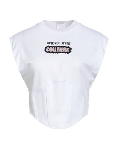 Versace Jeans Couture White Top With Logo And Cap Sleeves In White