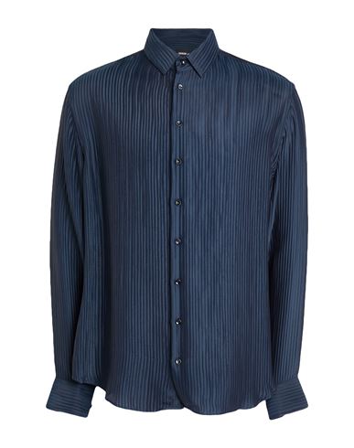 Giorgio Armani Man Shirt Midnight Blue Size 17 Viscose, Silk In Blue
