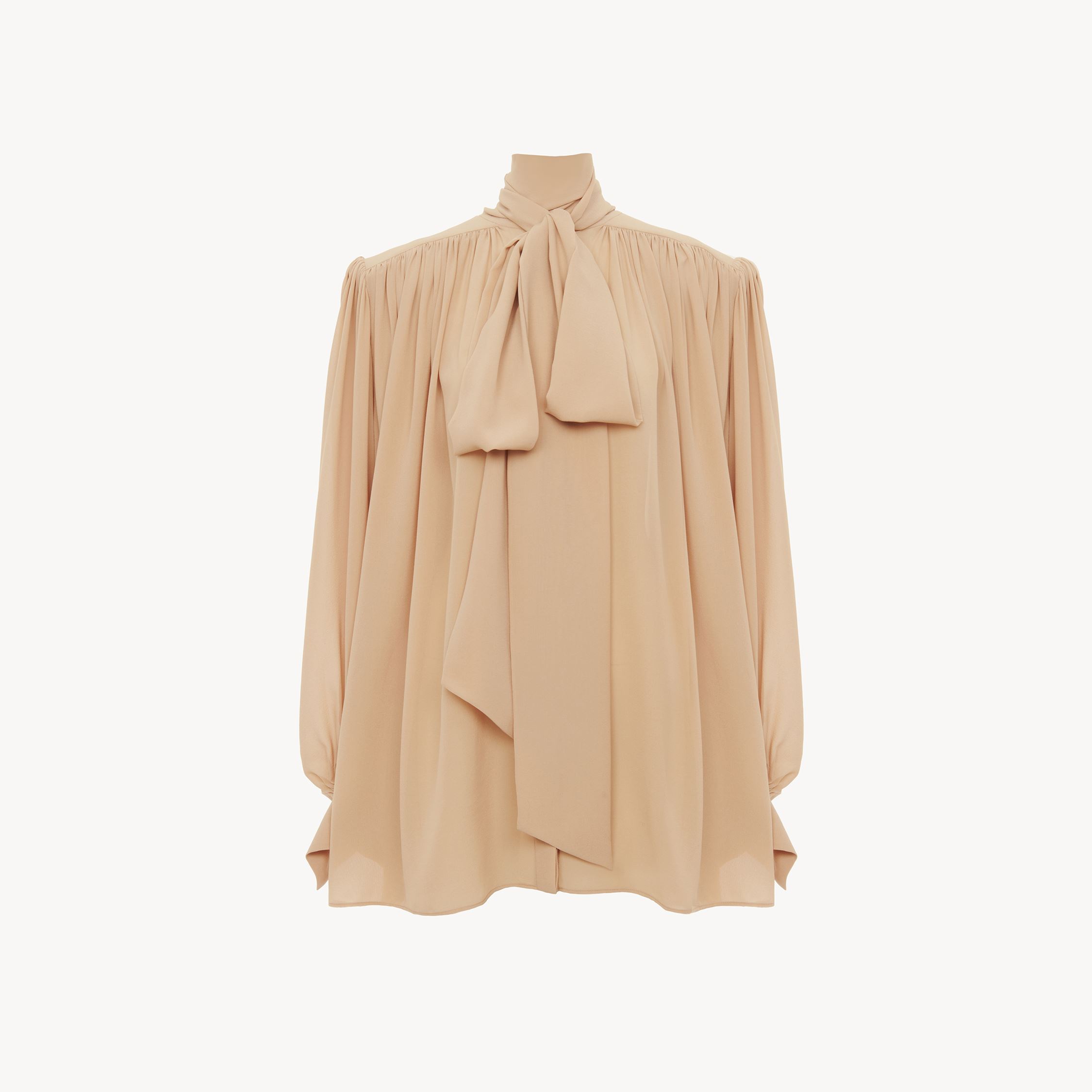 Chloé Oversized Gathered Lavallière Blouse In Crêpe De Chine Brown Size 10 100% Silk, Pinctada Maxima, Far In Neutral