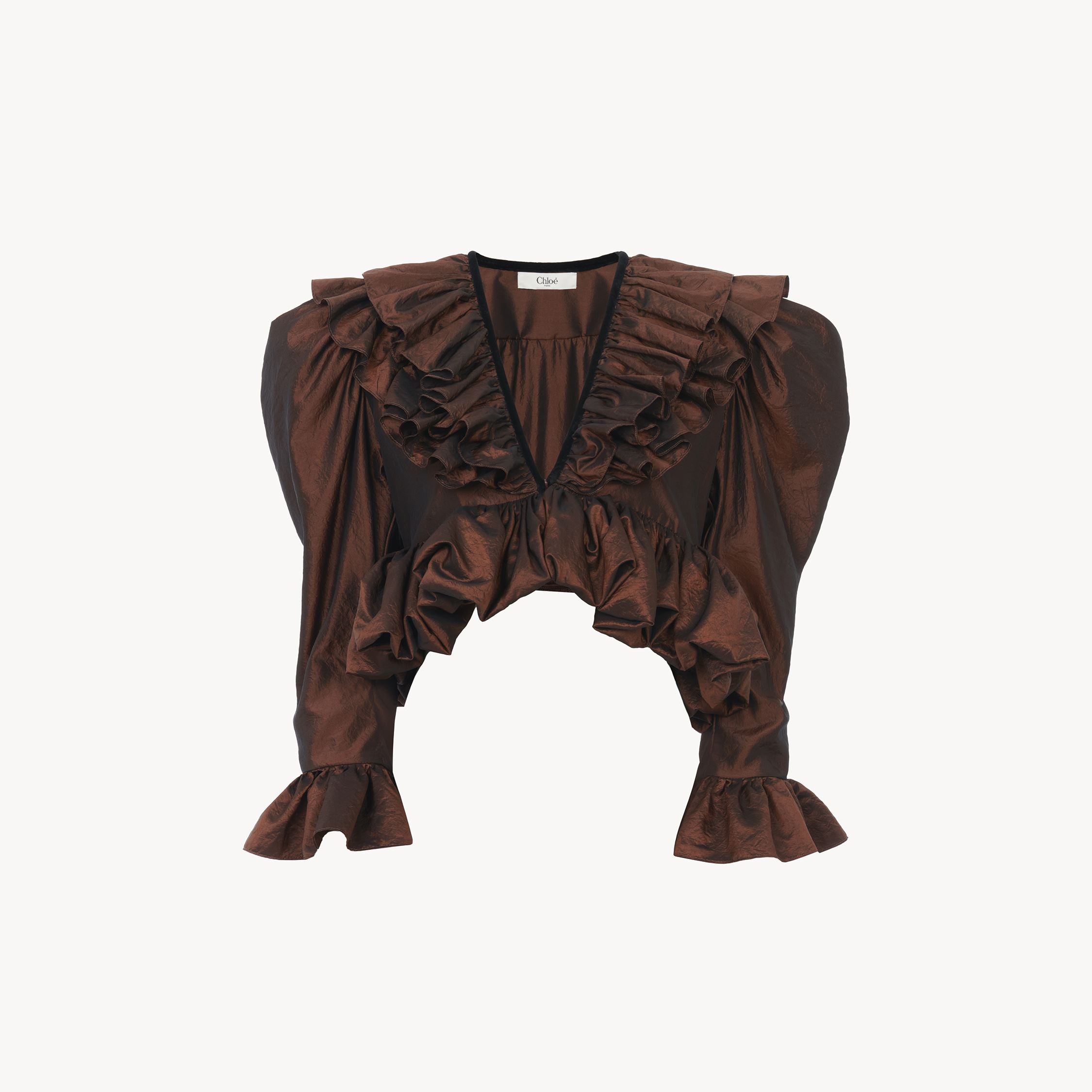 Chloé Cropped V-neck Ruffle Top In Washed Silk Taffeta Brown Size 6 100% Silk, Pinctada Maxima, Farmed, Co In Brown