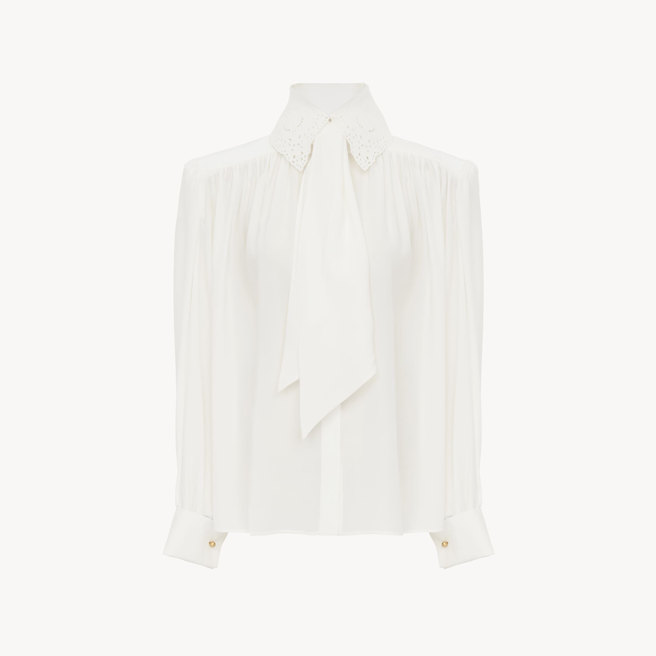 Chloé Pleated Scarf-tie Crepe De Chine Lace Shirt In White