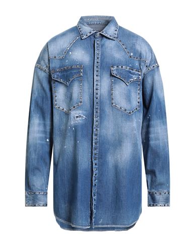 Dsquared2 Man Denim Shirt Blue Size 42 Cotton, Elastane, Brass In Blue