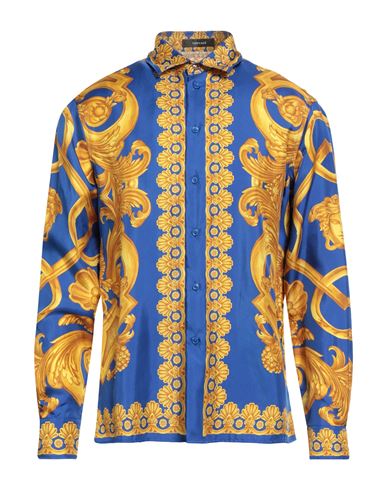 Versace Man Shirt Bright Blue Size 38 Silk In Blue