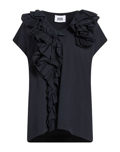 Alpha Studio Woman T-shirt Midnight Blue Size 6 Cotton, Elastane In Black