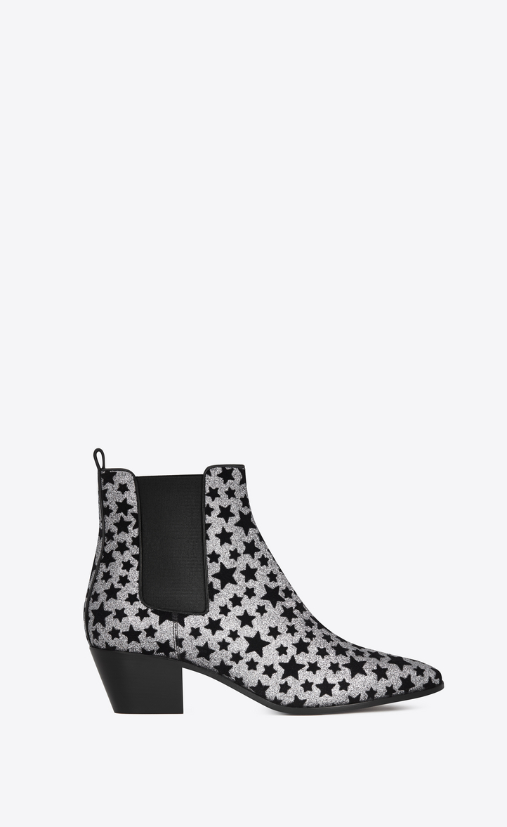 Saint Laurent ROCK 40 Chelsea Boot In Silver Glitter Fabric And Black