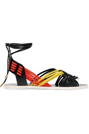 BALMAIN WOMAN MATTI WOVEN LEATHER AND SUEDE SANDALS BLACK,US 1071994537722421