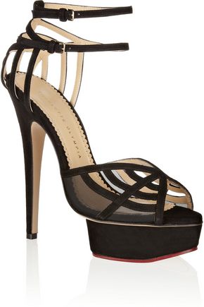 CHARLOTTE OLYMPIA WOMAN OCTAVIA SUEDE AND MESH PLATFORM SANDALS BLACK,US 4772211931855633