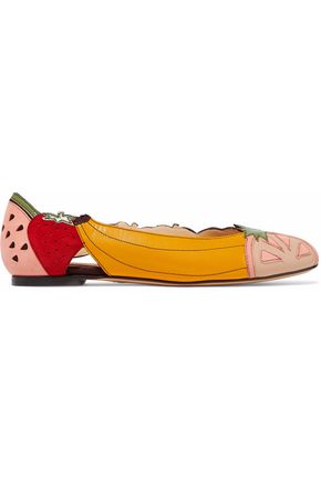 CHARLOTTE OLYMPIA WOMAN EMBROIDERED LASER-CUT LEATHER AND SUEDE BALLET FLATS MULTICOLOR,US 7789028783962568