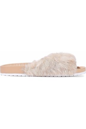 VINCE WOMAN SHEARLING AND LEATHER SLIDES BEIGE,GB 7789028784052298