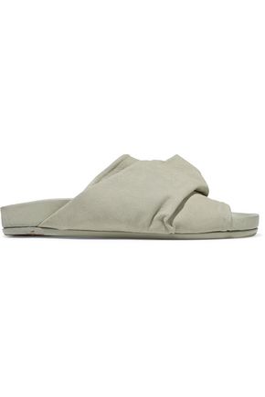 RICK OWENS WOMAN GATHERED TEXTURED-LEATHER SLIDES STONE,US 7789028784510468