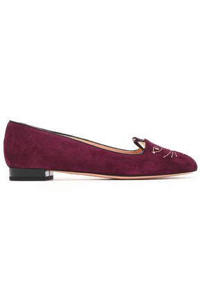 CHARLOTTE OLYMPIA CHARLOTTE OLYMPIA WOMAN METALLIC EMBROIDERED SUEDE BALLET FLATS PLUM,3074457345618565016