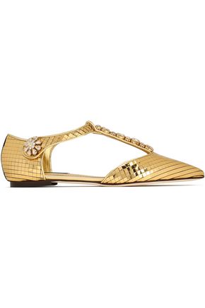 DOLCE & GABBANA CRYSTAL-EMBELLISHED METALLIC LEATHER POINT-TOE FLATS,3074457345618733900