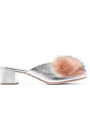 loeffler randall faux fur-trimmed metallic leather mules