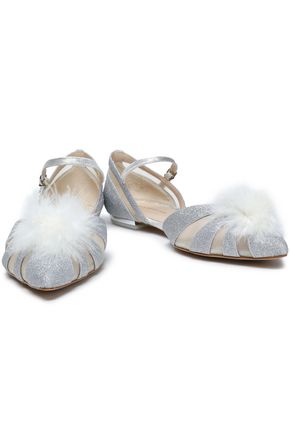 Click to view more detailed imagery on our partner's website Sophia Webster Woman Paola Feather-Embellished Glittered Leather Point-Toe Flats Silver