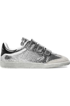 ISABEL MARANT WOMAN BETH SUEDE-PANELED METALLIC CRACKED-LEATHER SNEAKERS SILVER,US 10375442618605102