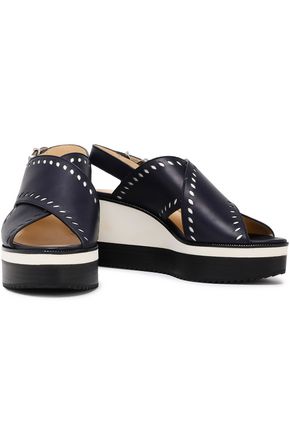 Click to view more detailed imagery on our partner's website Jil Sander Navy Woman Laser-Cut Leather Slingback Wedge Sandals Midnight Blue