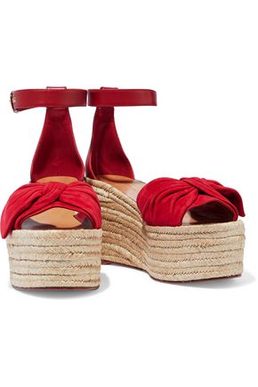 VALENTINO GARAVANI BOW-EMBELLISHED LEATHER AND SUEDE WEDGE ESPADRILLE SANDALS,3074457345620718700