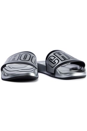 Click to view more detailed imagery on our partner's website Jimmy Choo Metallic Printed Rubber Slides In Silver